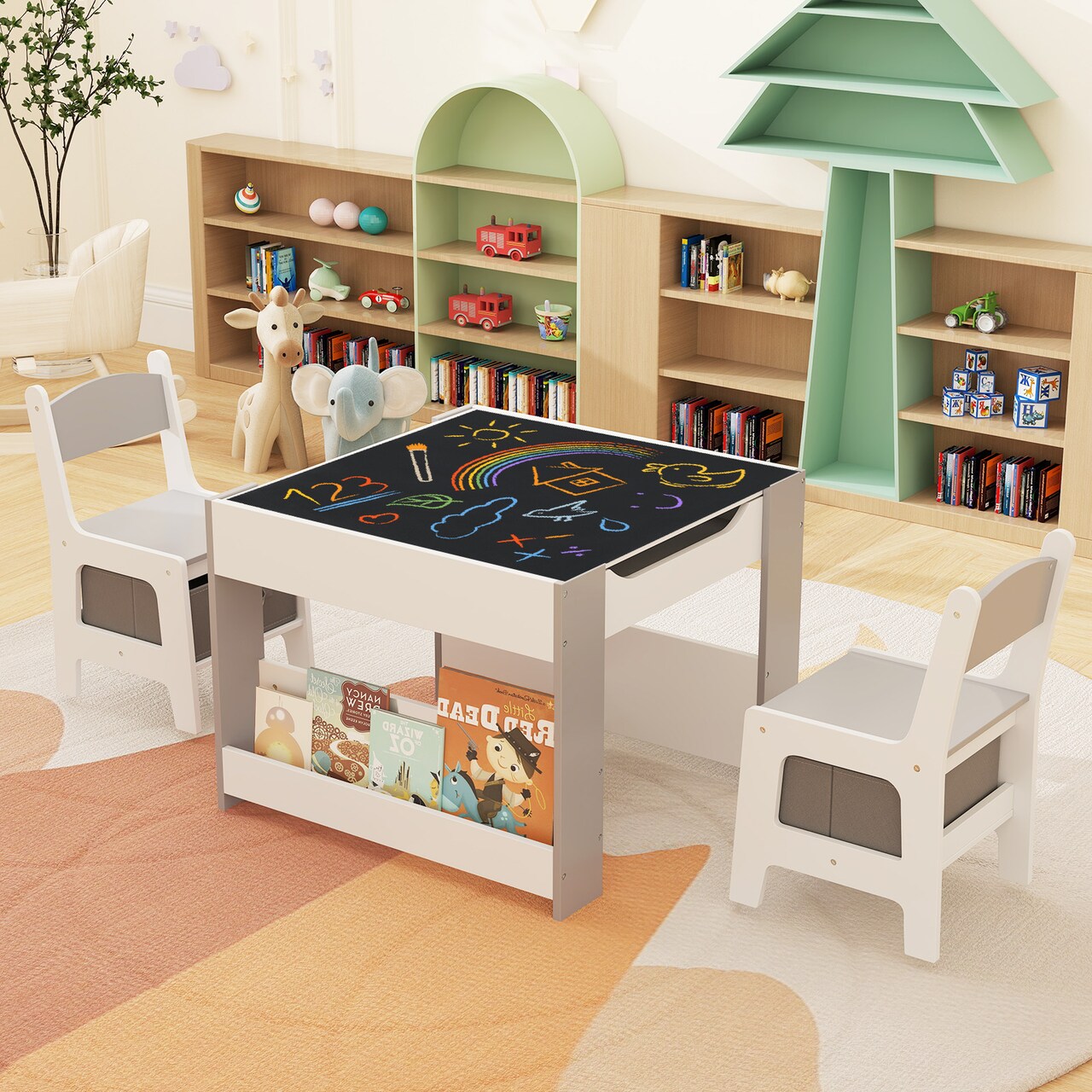 Multifunctional Kids Art and Study Table Set with Chalkboard Top and 2 Ergonomic Chairs and Toy Storage